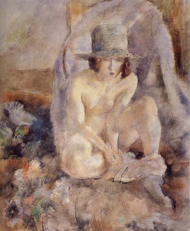 Jules Pascin Nude female wearing green hat oil painting image